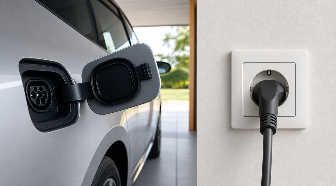 Un coche eléctrico estacionado junto a una pared con un enchufe de carga de pared conectado
