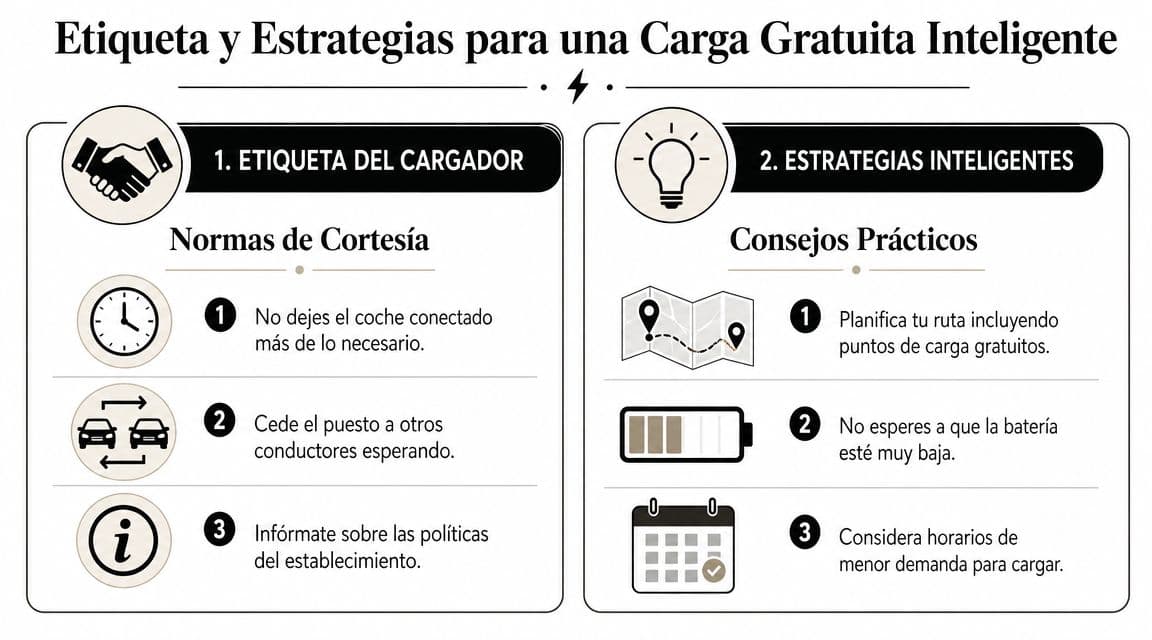 Infografía sobre etiqueta y estrategias para cargar un vehículo eléctrico de forma gratuita y eficiente.