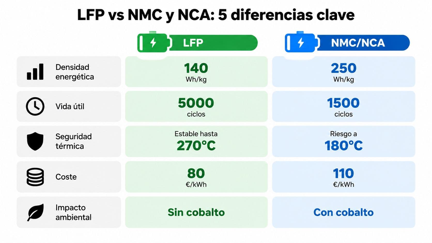 Tabla comparativa de las cinco diferencias principales entre las baterías de litio LFP y las baterías NMC o NCA.