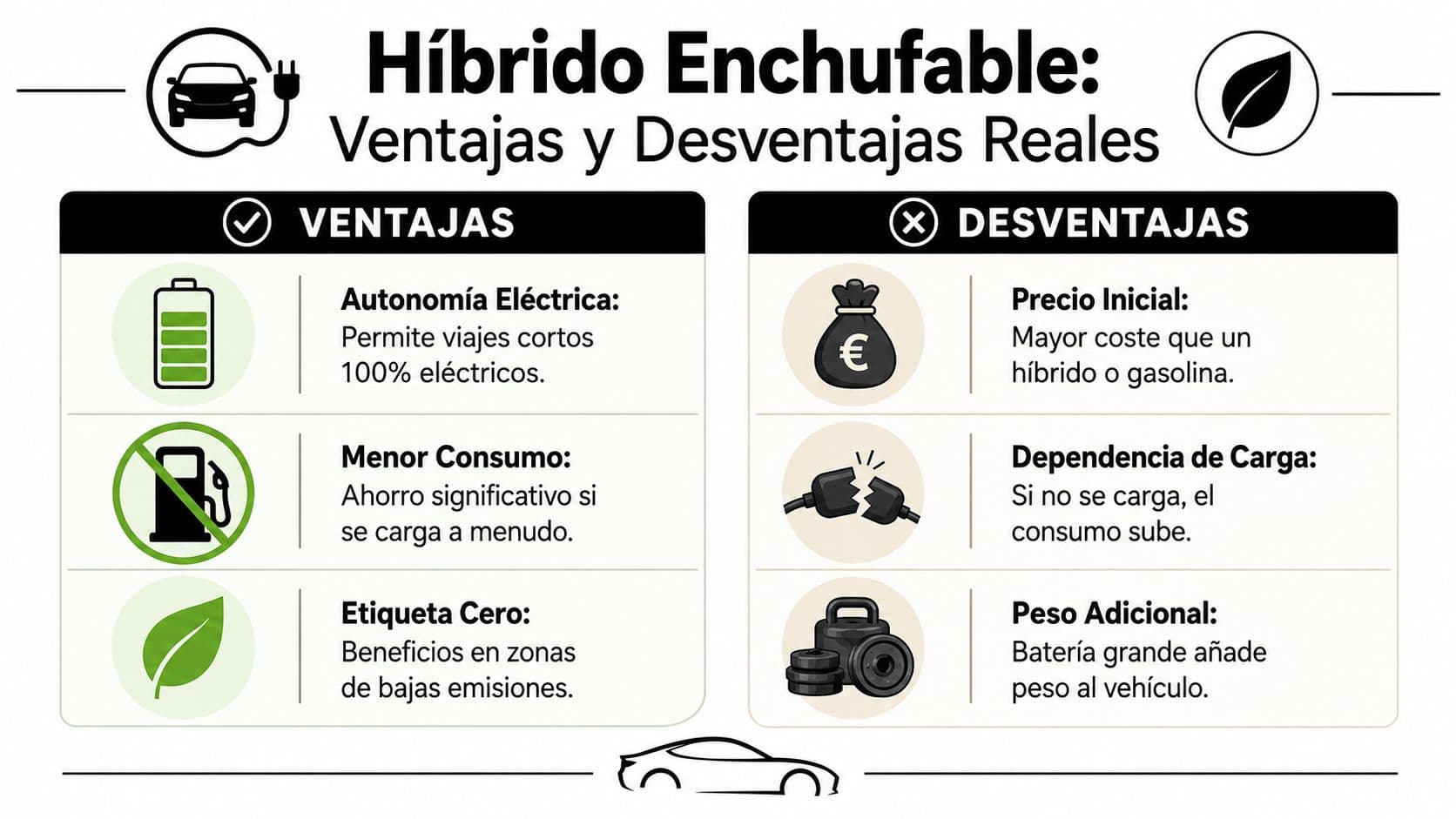 Infografía sobre las ventajas y desventajas de los vehículos híbridos enchufables en español.