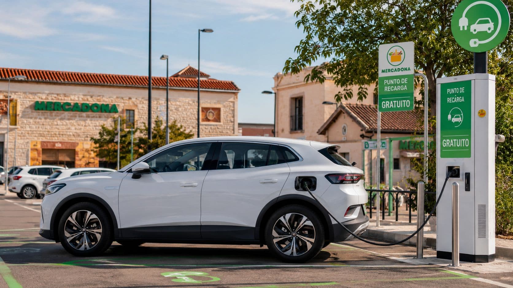Un coche eléctrico blanco estacionado cargando batería en un punto de recarga gratuito frente a un Mercadona.