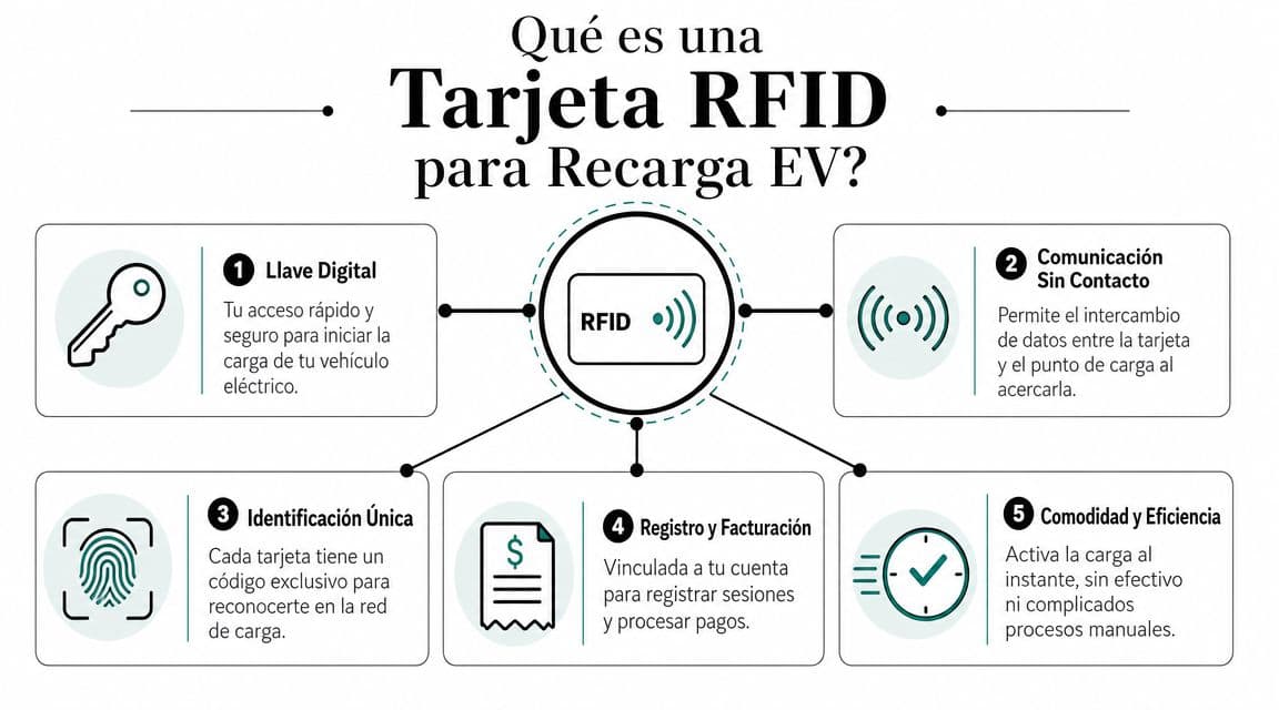 Infografía explicando las cinco funciones principales de una tarjeta RFID para la recarga de vehículos eléctricos.