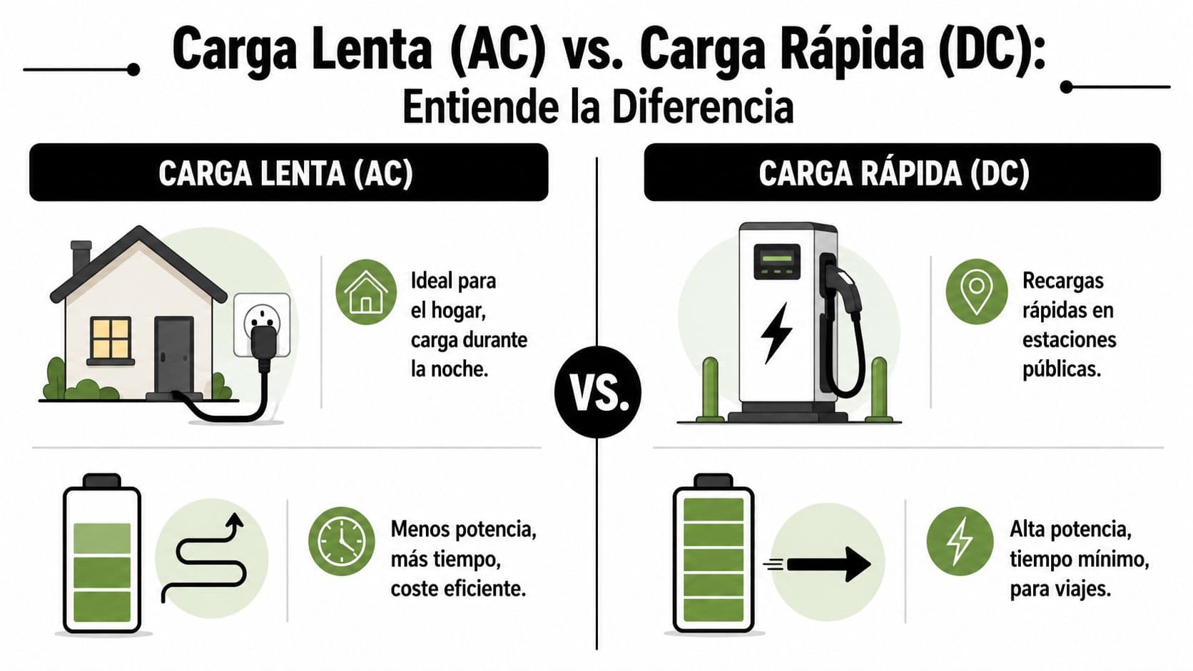 Infografía comparativa que muestra las diferencias entre la carga lenta de coches eléctricos en casa y carga rápida pública.