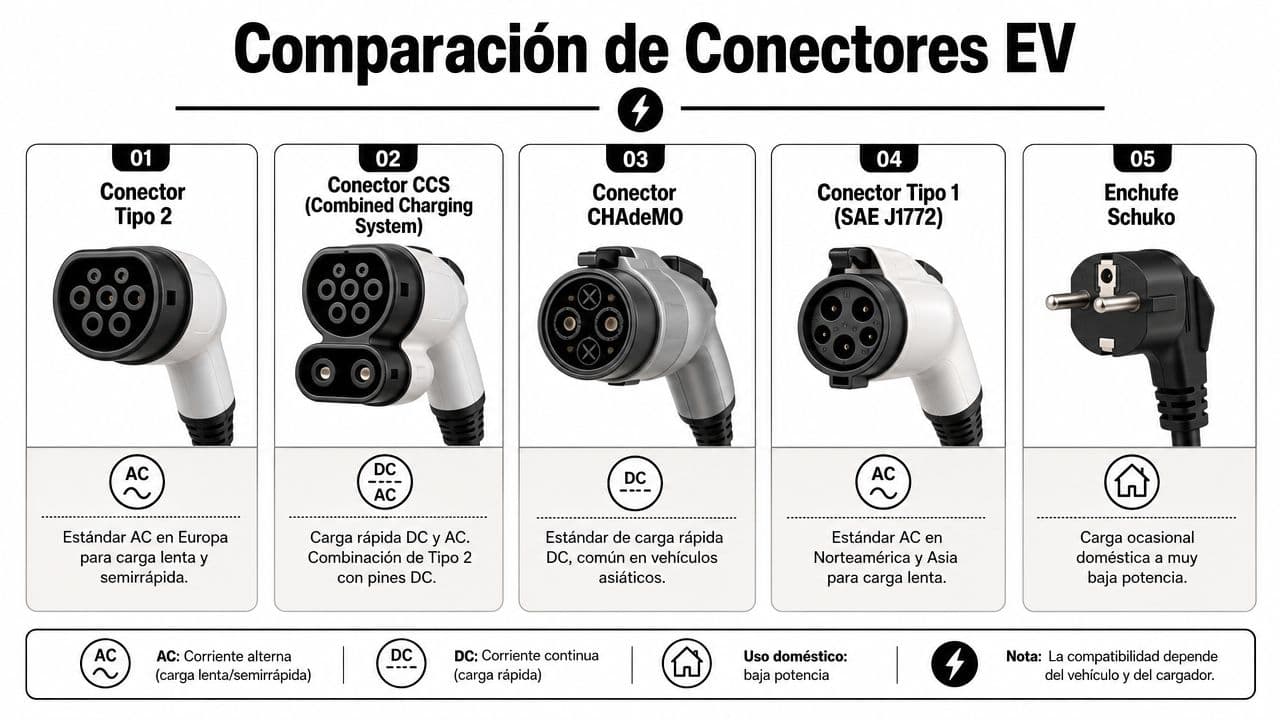 Comparativa ilustrada de los principales conectores de carga para vehículos eléctricos con sus características y usos principales.