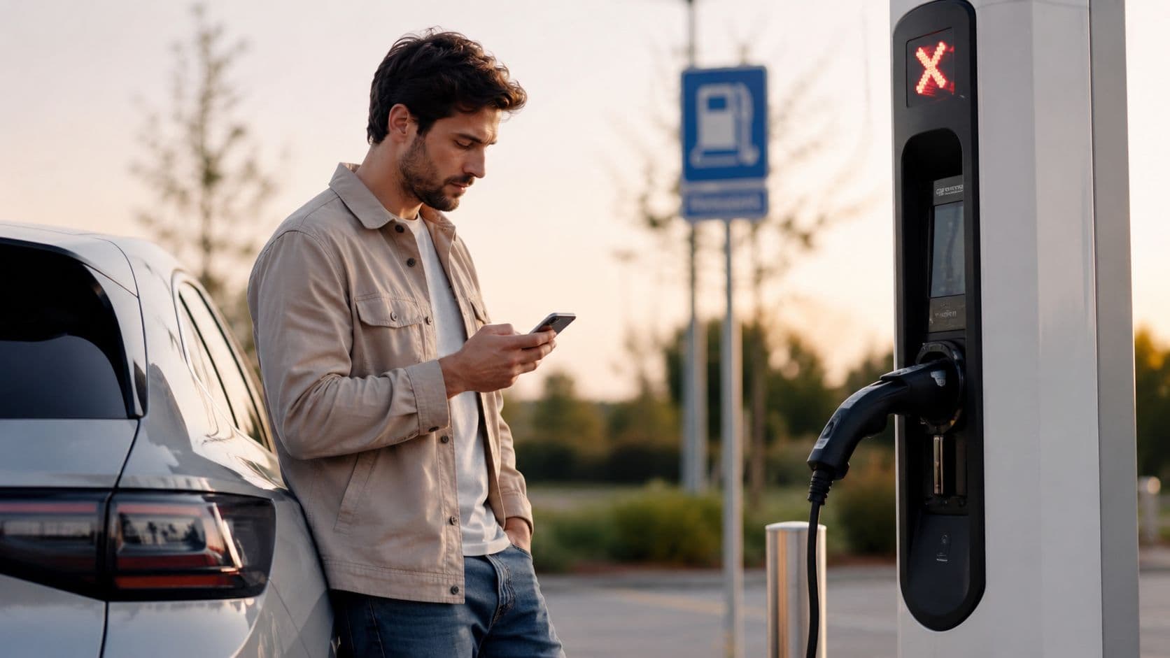 Un hombre joven revisa su teléfono móvil junto a un punto de carga de vehículos eléctricos