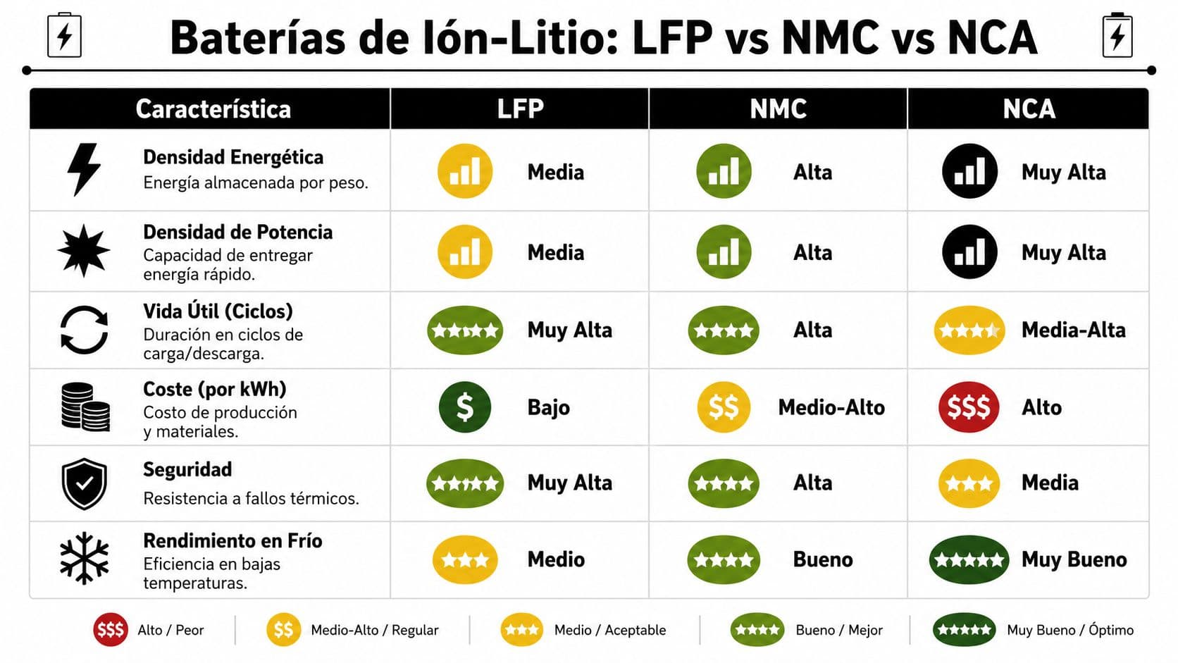 Tabla comparativa de baterías de litio LFP, NMC y NCA analizando rendimiento, seguridad, vida útil y costes.