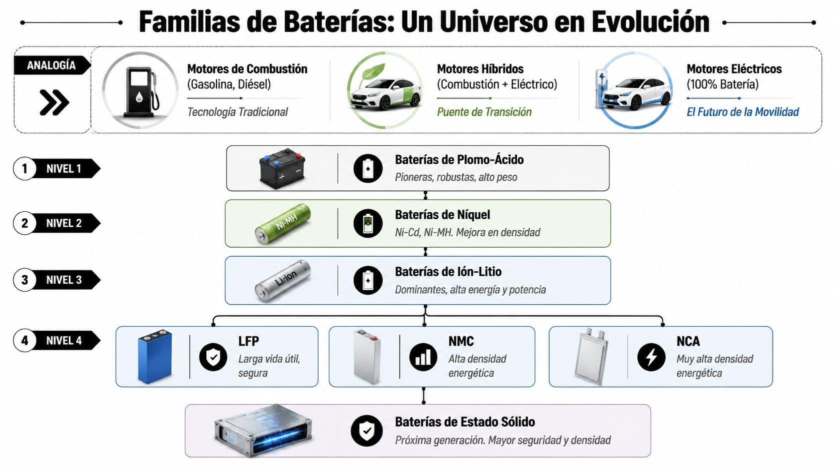 Infografía que muestra la evolución de las familias de baterías, desde plomo-ácido hasta baterías de estado sólido.