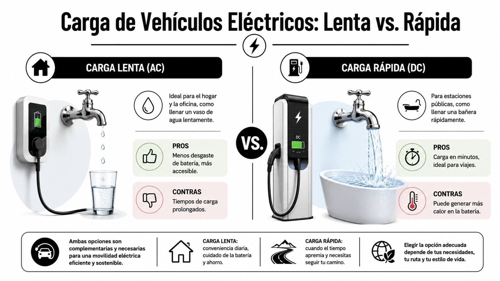 Infografía comparativa sobre las diferencias entre la carga lenta de corriente alterna y la carga rápida continua.