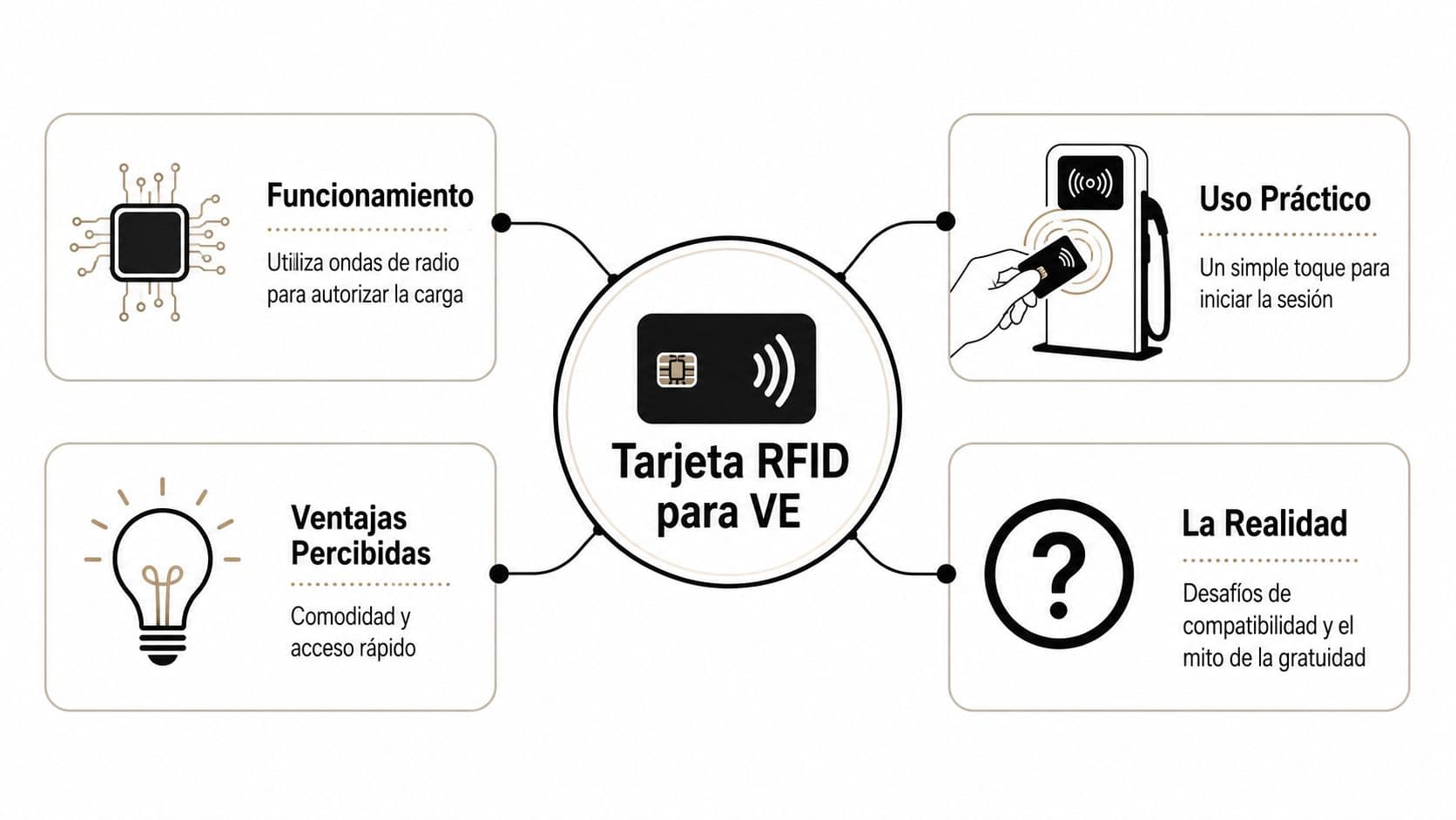 Infografía sobre el funcionamiento, ventajas y desafíos del uso de tarjetas RFID para cargar vehículos eléctricos.