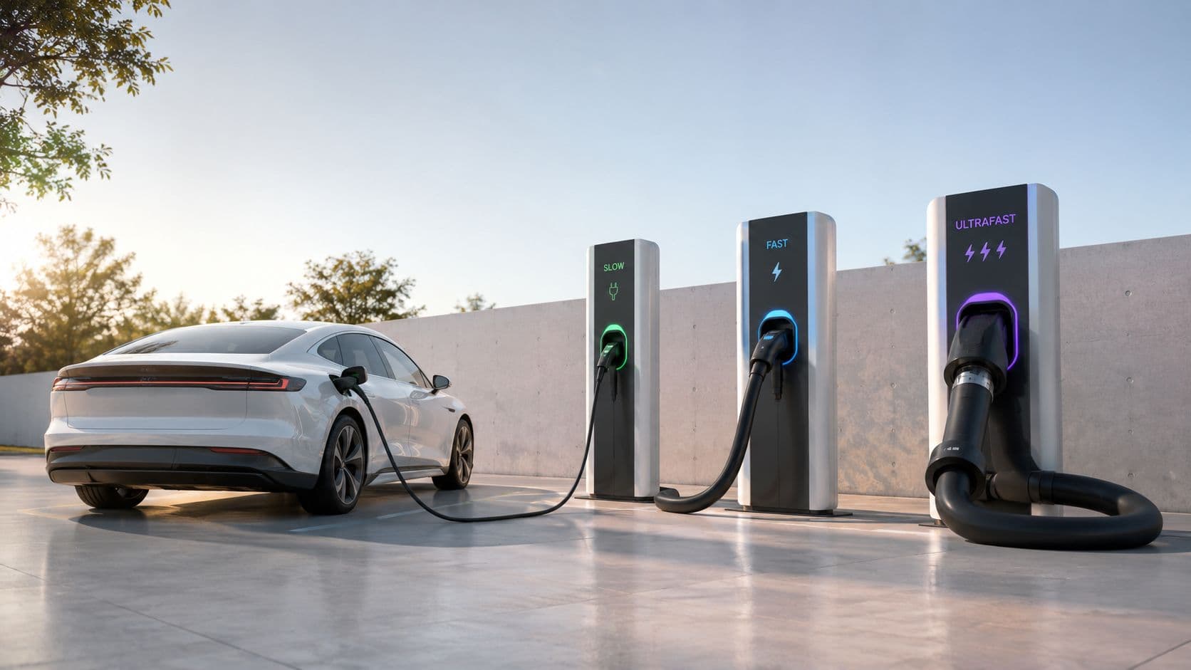 Un coche eléctrico blanco cargándose en una estación con tres niveles de carga diferentes en el exterior.