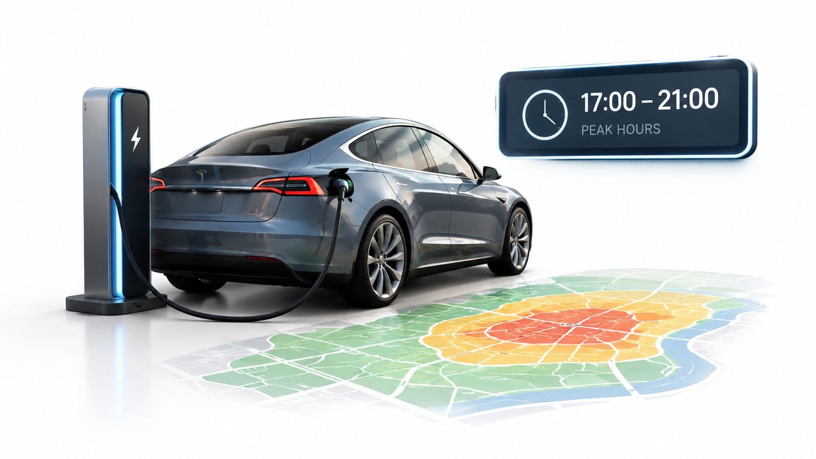 Coche eléctrico cargando en una estación mientras un mapa muestra zonas de alta demanda de electricidad.