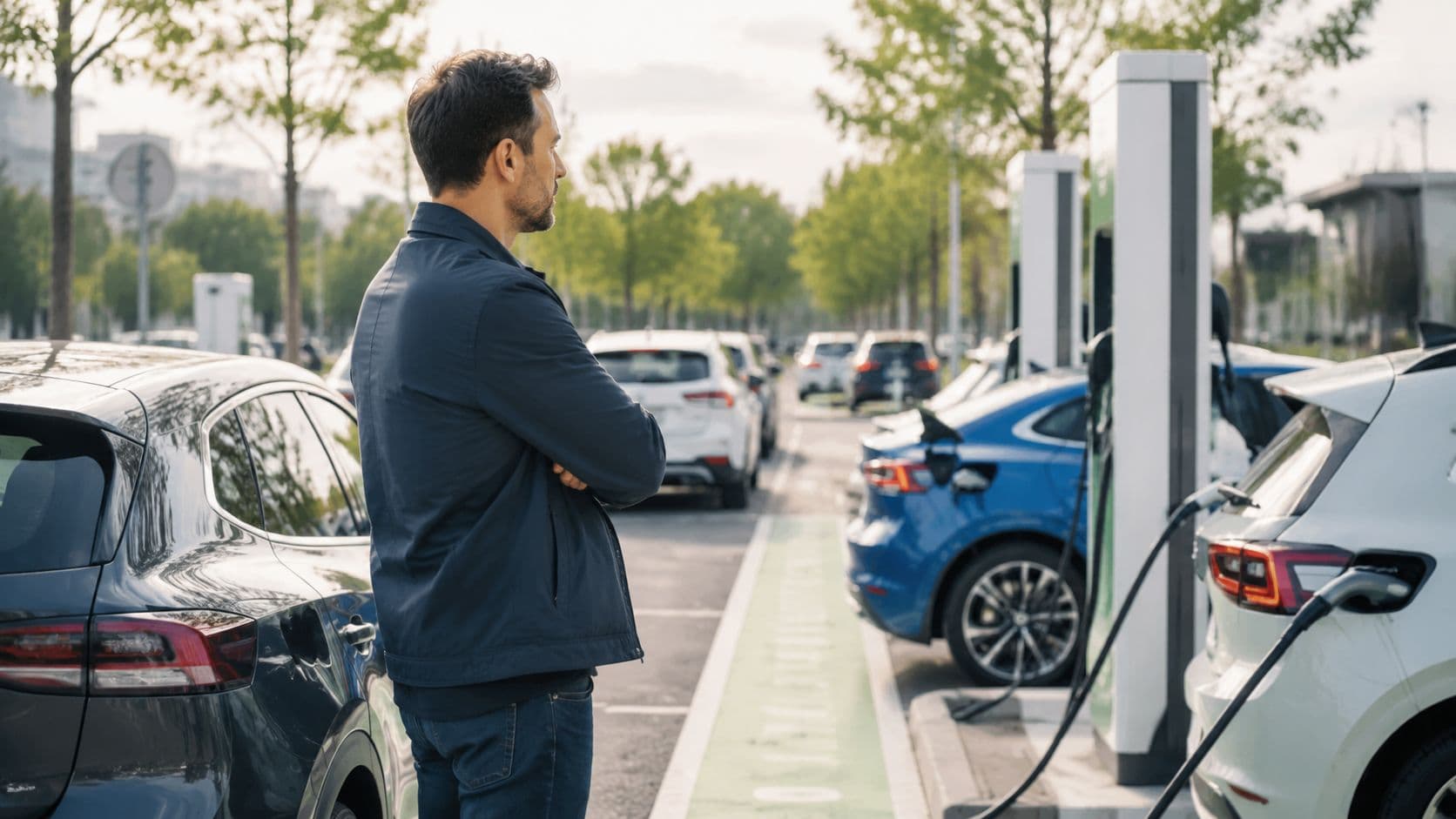 Un hombre observa estaciones de recarga para vehículos eléctricos en un estacionamiento público con varios autos conectados.