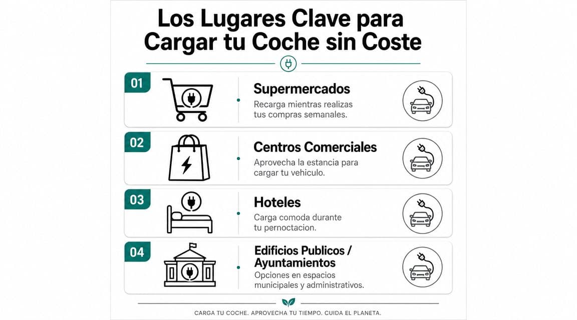Infografía sobre los cuatro lugares clave donde cargar tu coche eléctrico de forma gratuita fácilmente.