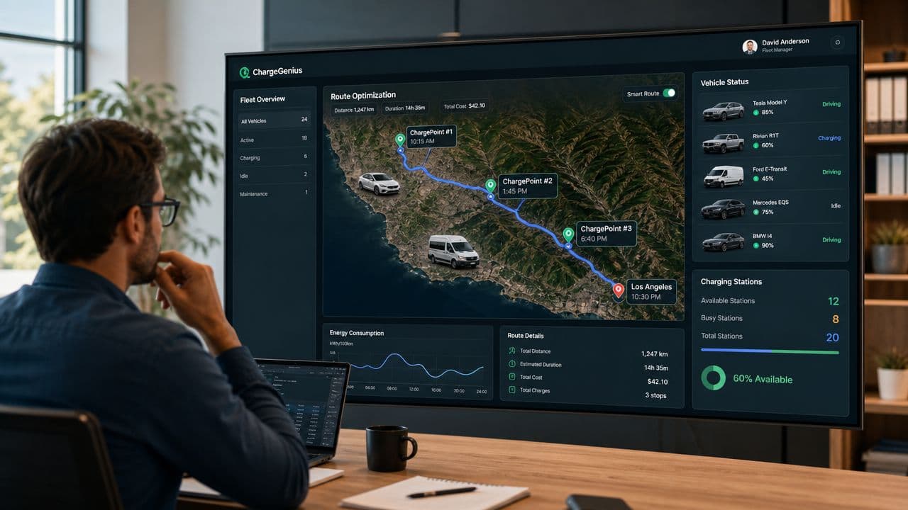 Un hombre observa un panel de control digital para la gestión de flotas de vehículos eléctricos.