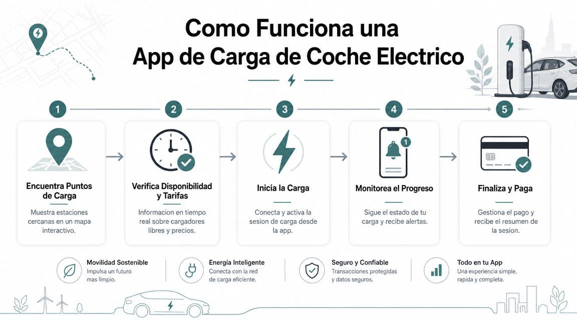 Infografía paso a paso que explica el funcionamiento de una aplicación móvil para cargar vehículos eléctricos.
