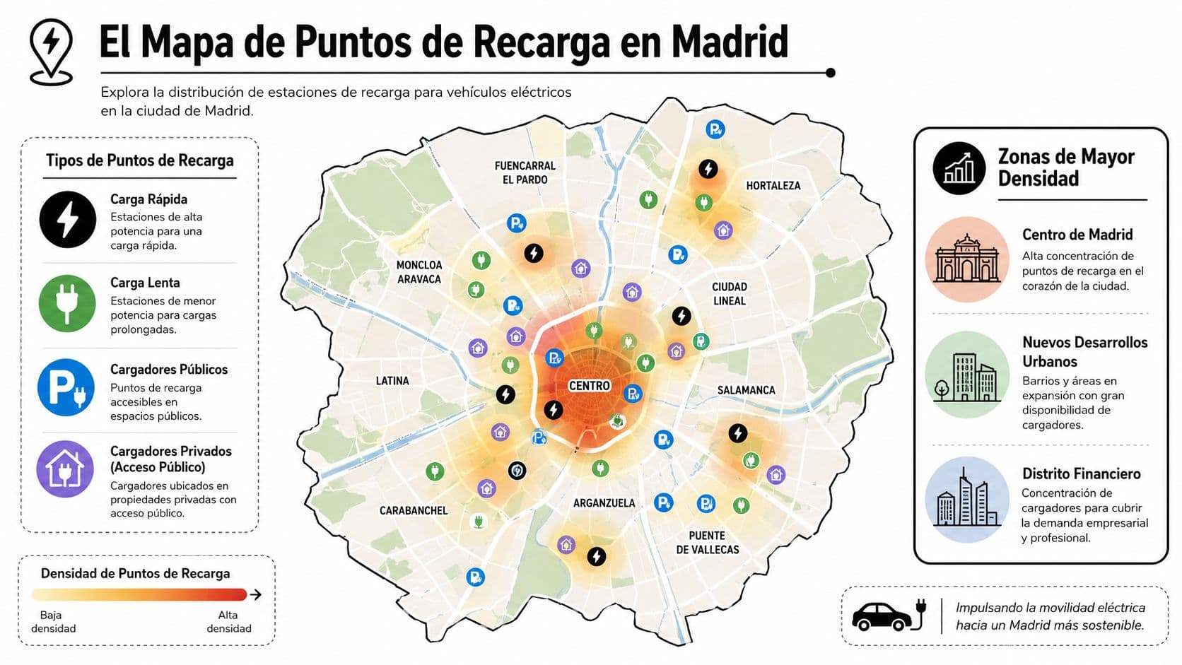 Mapa detallado que muestra la distribución de puntos de recarga para vehículos eléctricos en la ciudad de Madrid.