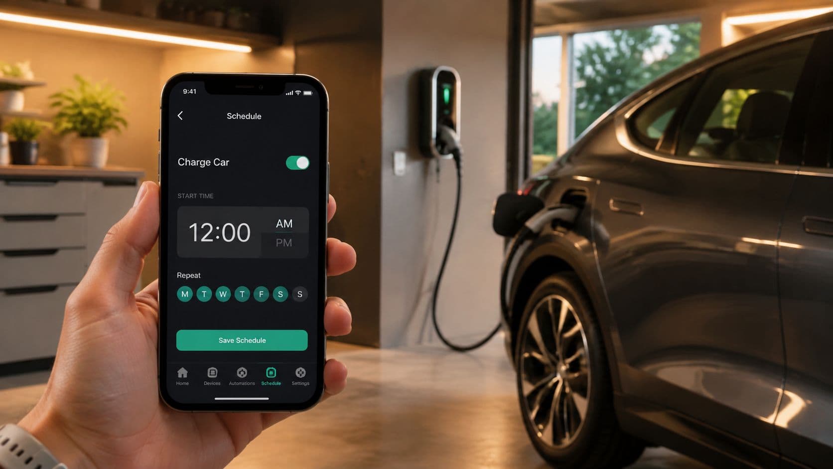 Una mano sosteniendo un teléfono inteligente mostrando la aplicación de programación de carga para un vehículo eléctrico.