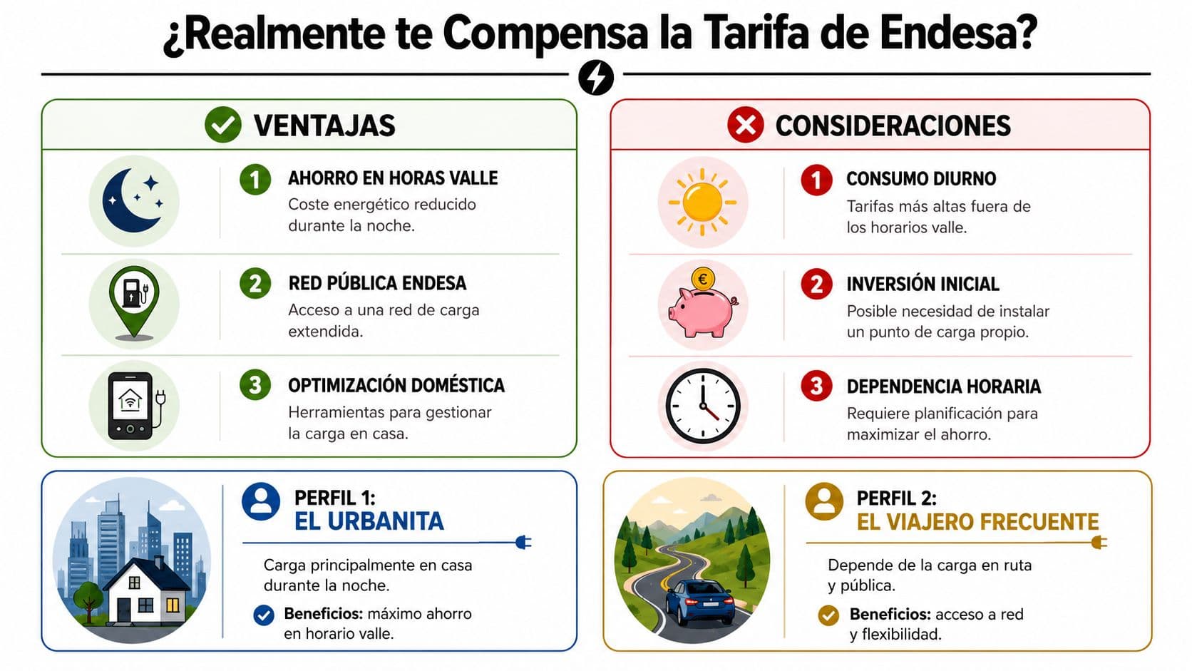 Infografía comparativa sobre las ventajas y consideraciones de la tarifa de coche eléctrico de Endesa para usuarios.