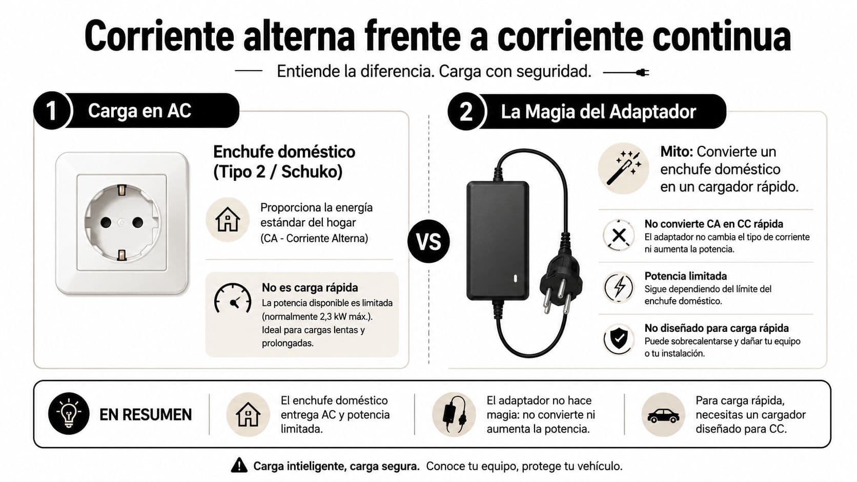Infografía sobre la diferencia entre carga en corriente alterna doméstica y carga rápida en corriente continua.