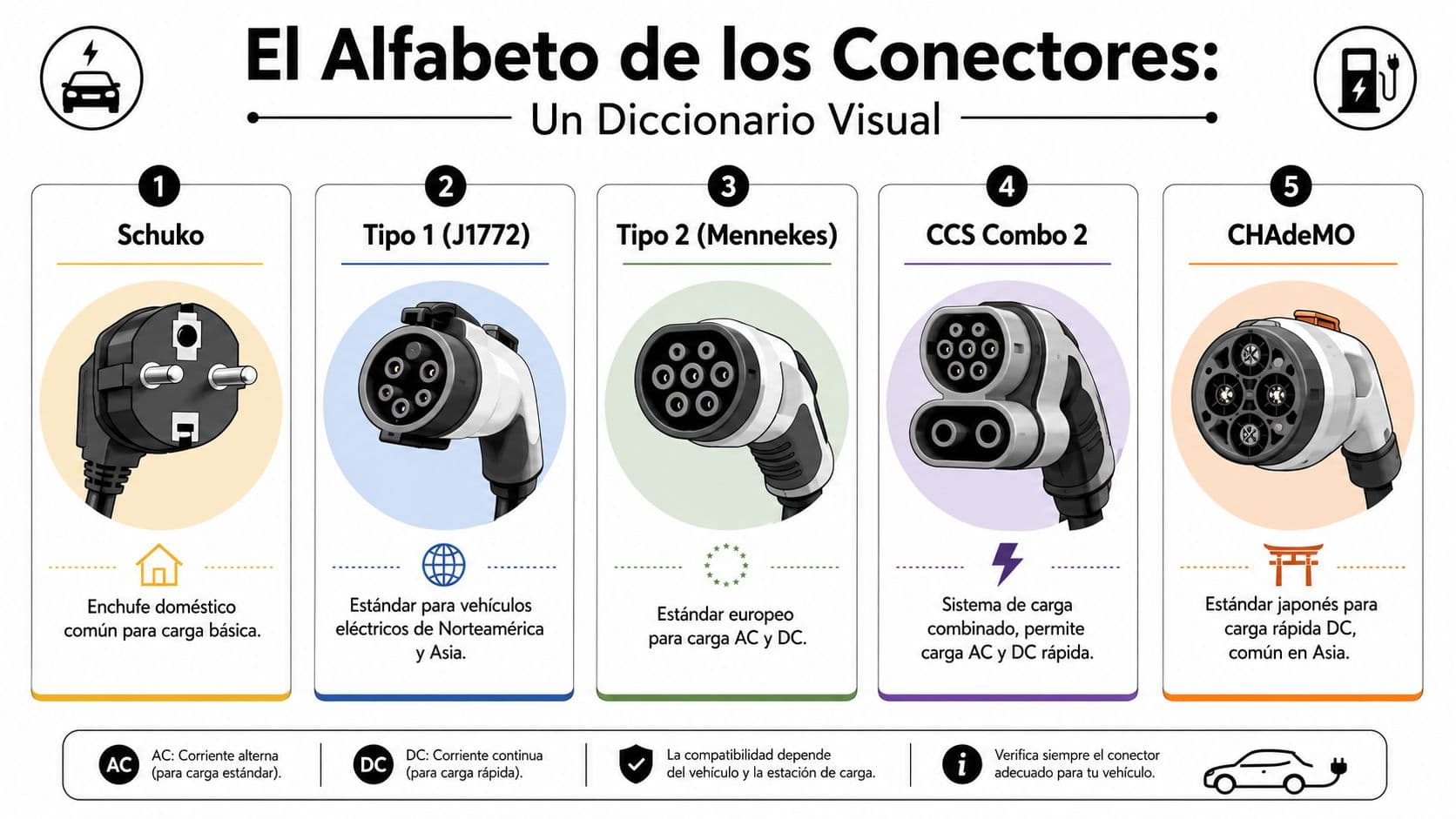 Infografía sobre los diferentes tipos de conectores utilizados para la recarga de coches eléctricos en el mundo.