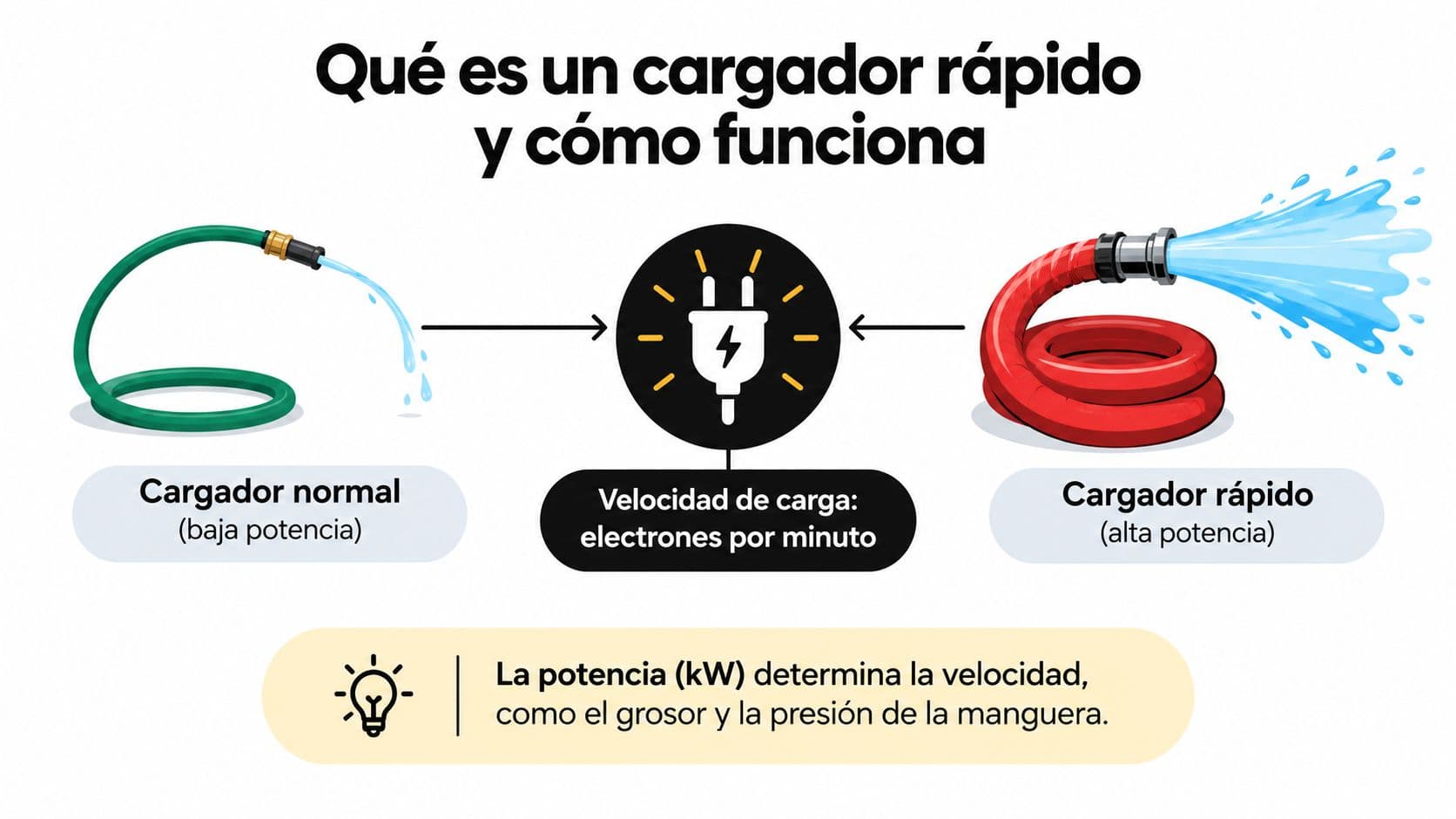 Diagrama comparando un cargador normal de baja potencia con un cargador rápido de alta potencia usando mangueras.