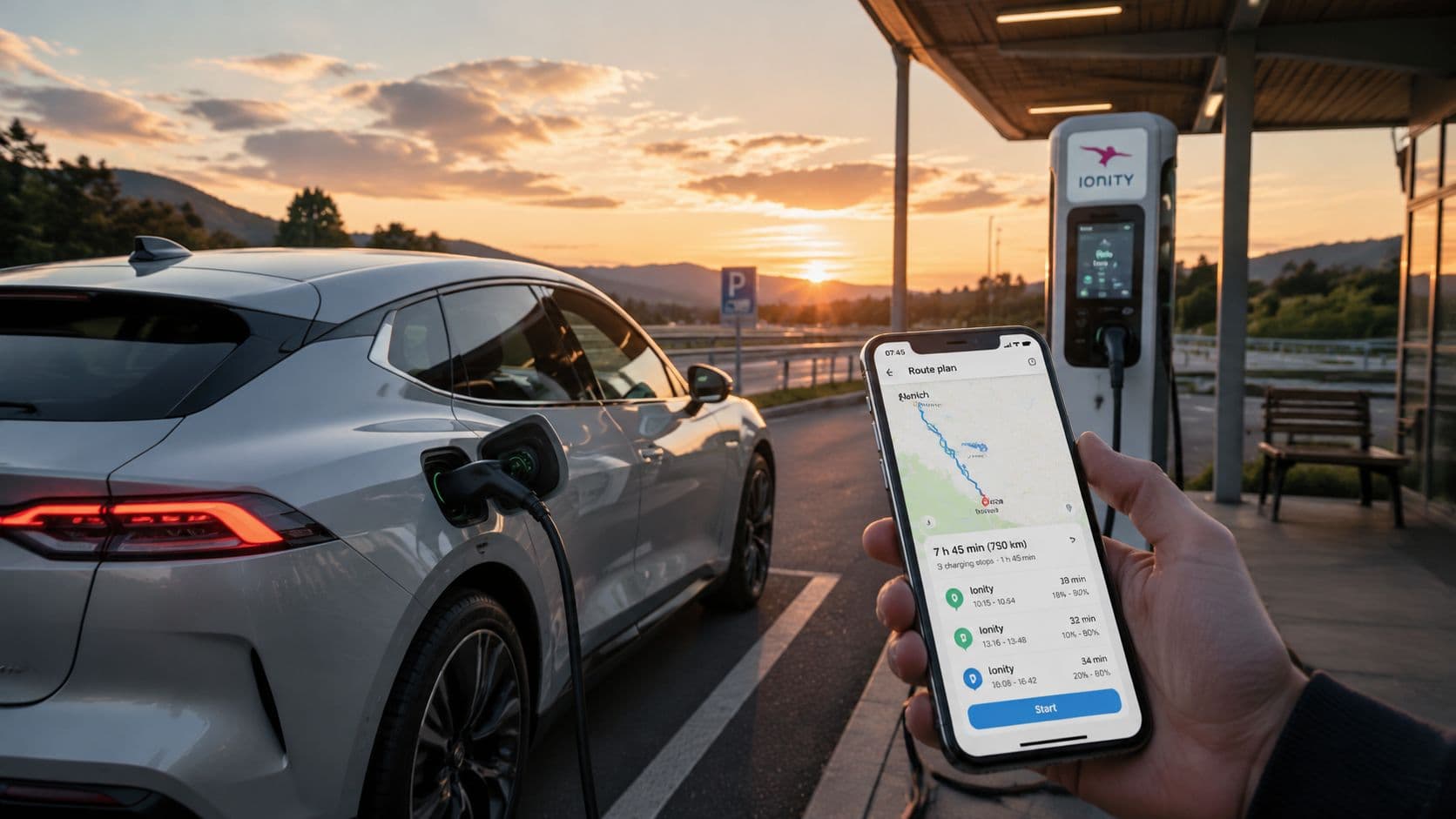 Una mano sostiene un teléfono con una aplicación de navegación mientras carga un coche eléctrico en Ionity.