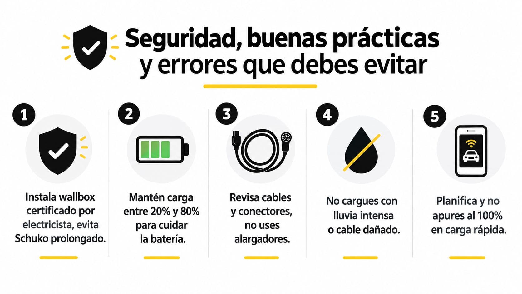 Infografía con cinco consejos esenciales para cargar vehículos eléctricos de manera segura, eficiente y responsable.