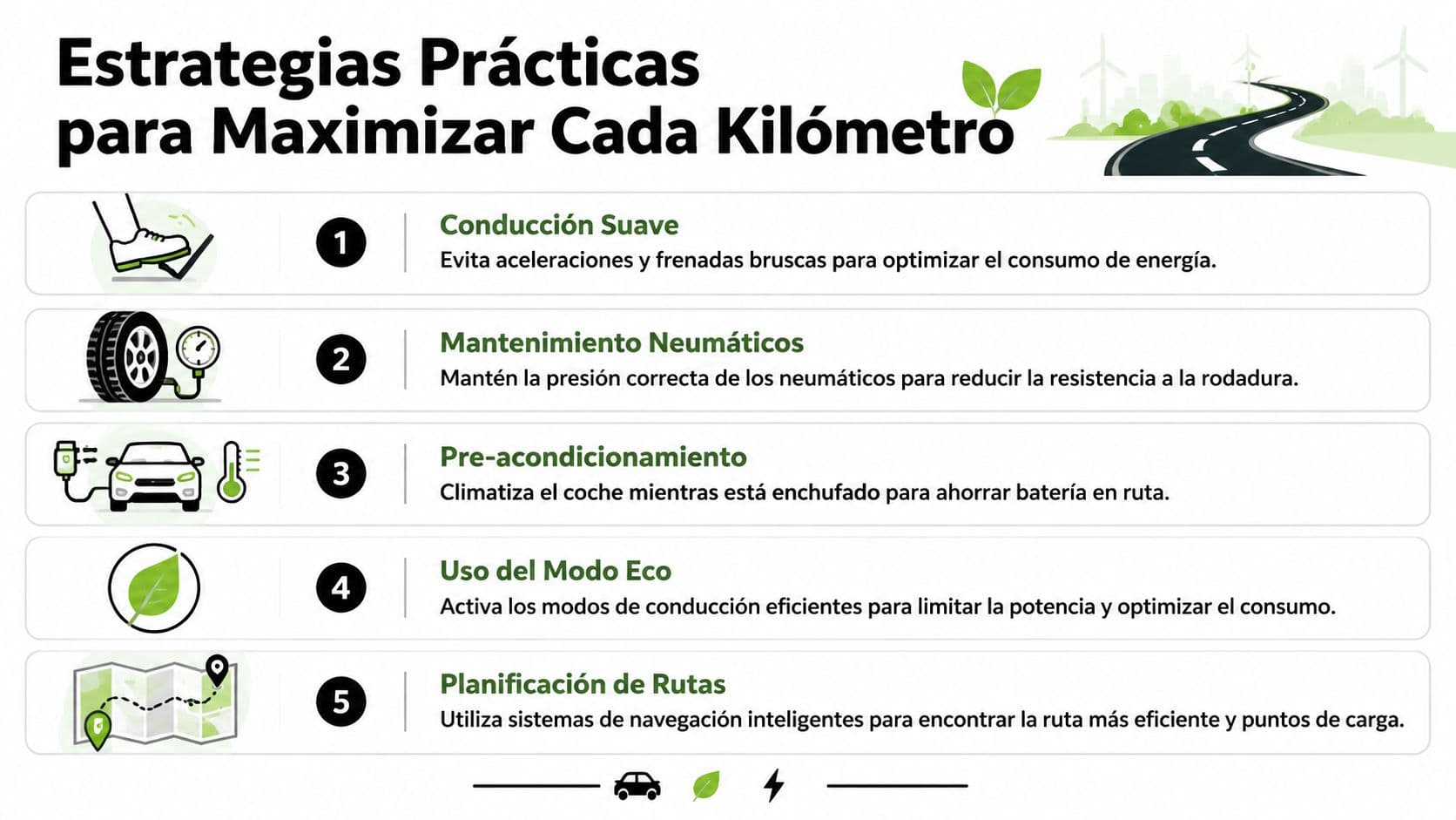 Infografía con cinco estrategias prácticas para maximizar la autonomía y eficiencia energética de un coche eléctrico.