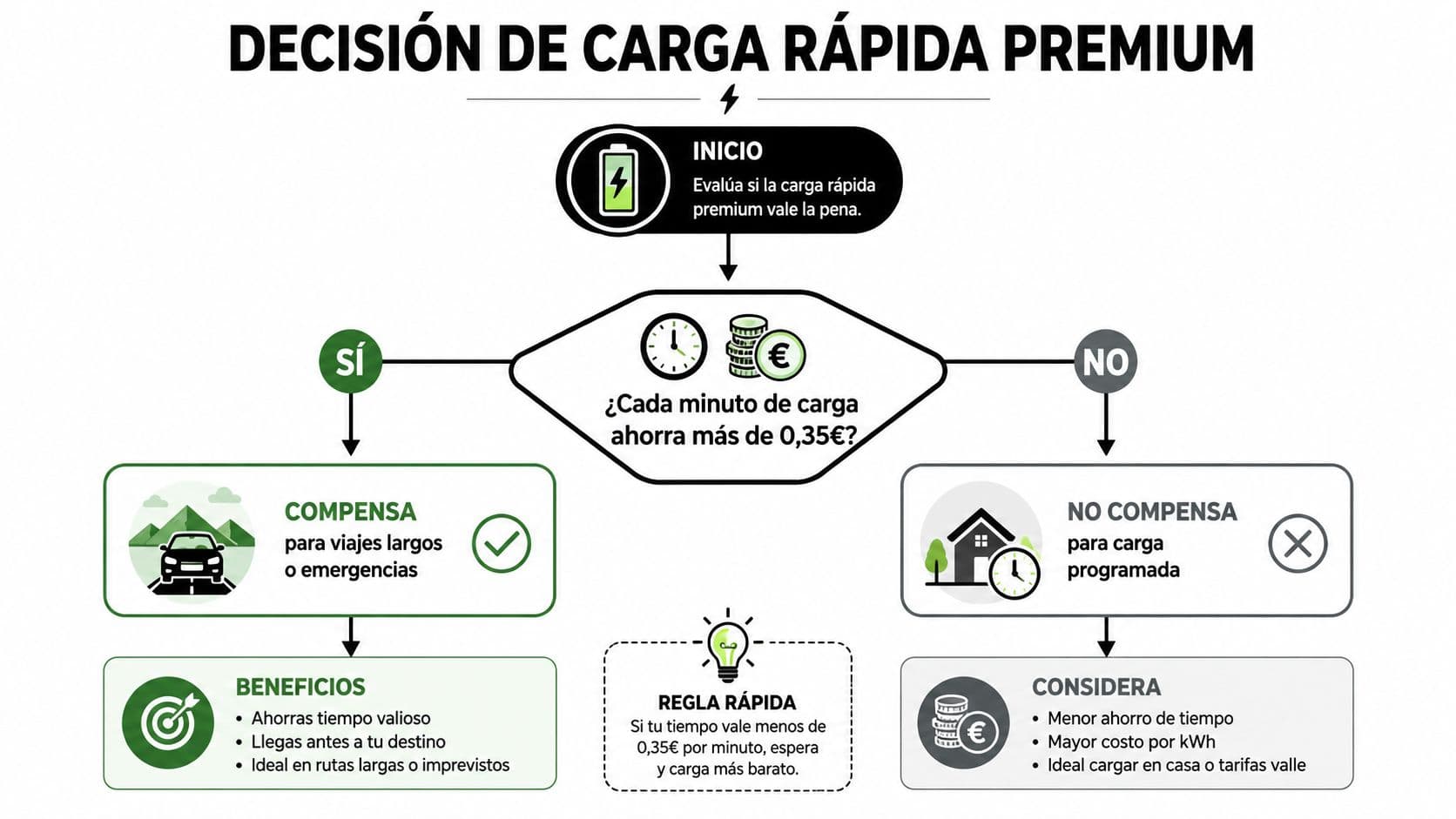 Diagrama de flujo informativo sobre la decisión de utilizar puntos de carga rápida premium para coches eléctricos.
