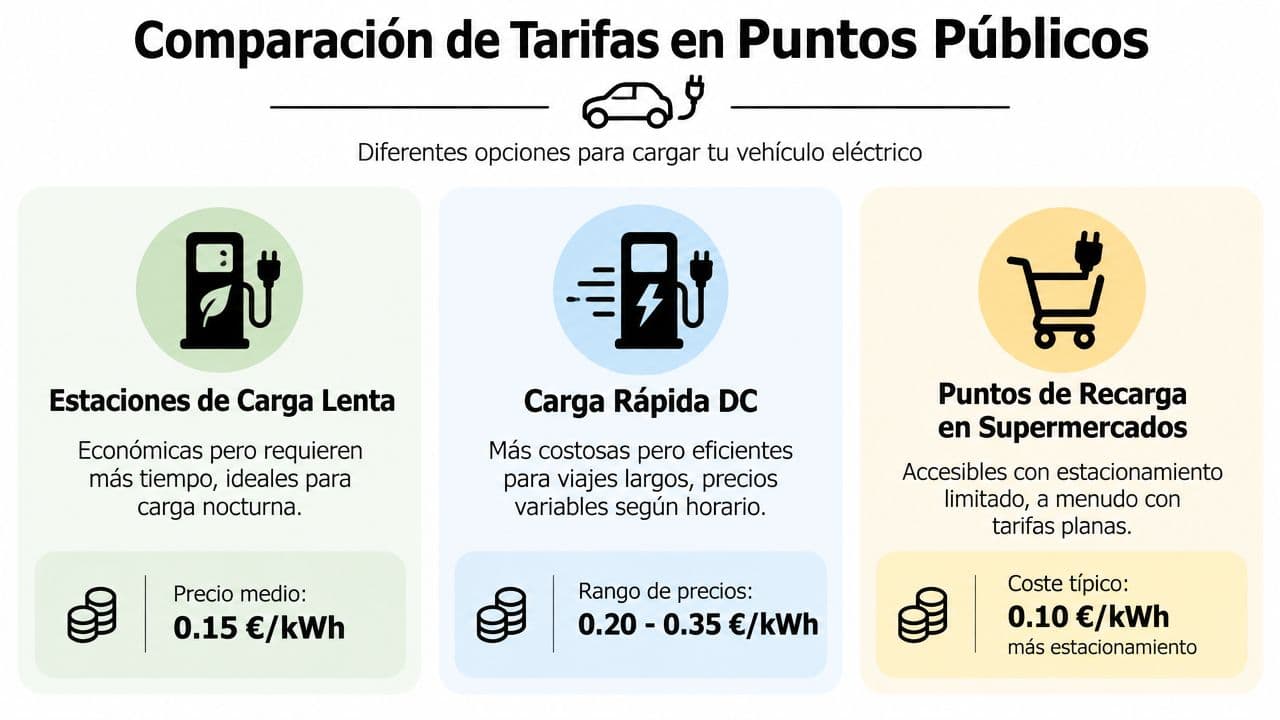 Comparativa de costes por kWh entre diferentes tipos de estaciones de carga para vehículos eléctricos públicos.