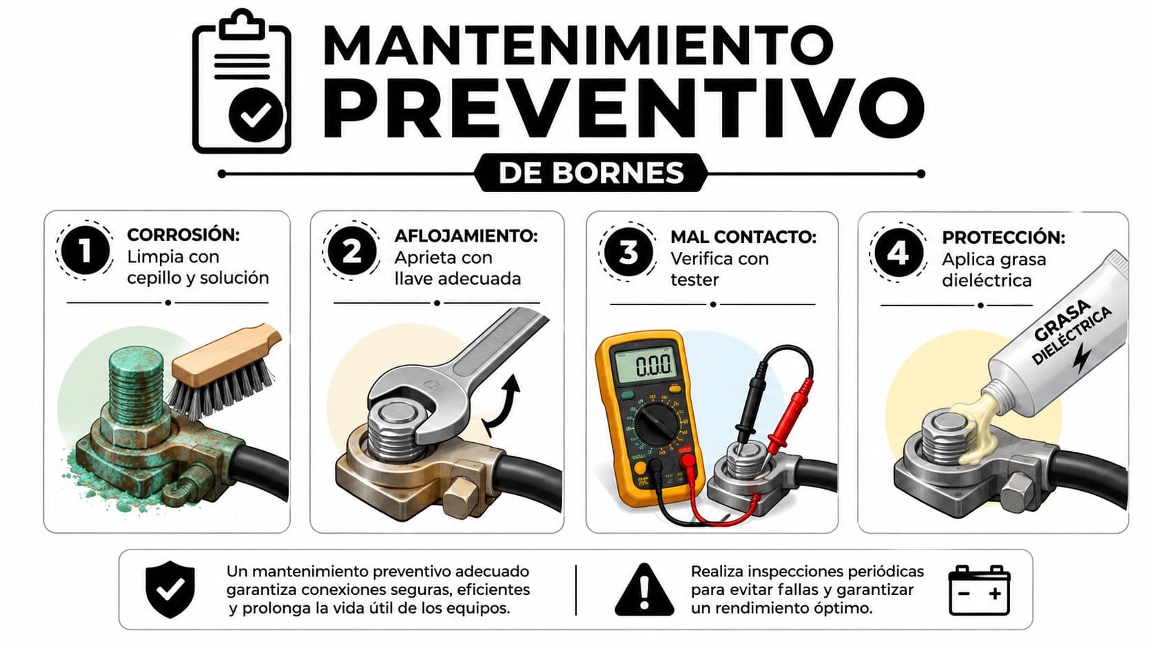Infografía sobre el mantenimiento preventivo de los bornes de batería para asegurar conexiones eléctricas eficientes y seguras.