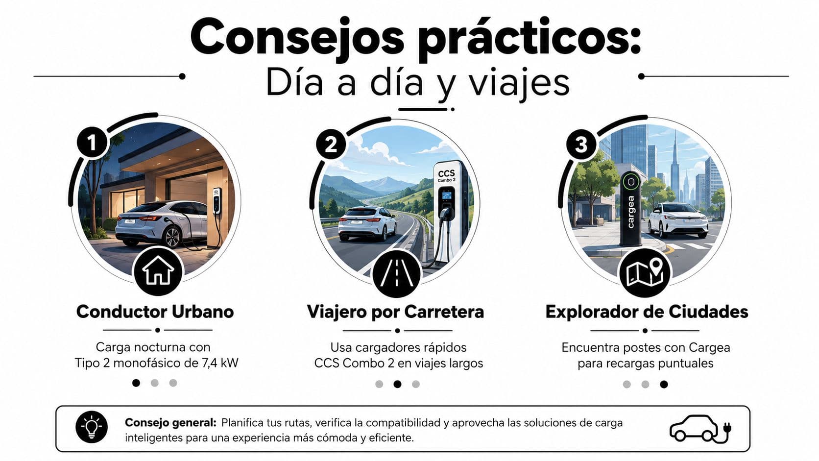 Infografía con consejos para cargar coches eléctricos en casa, en viajes largos y en la ciudad.