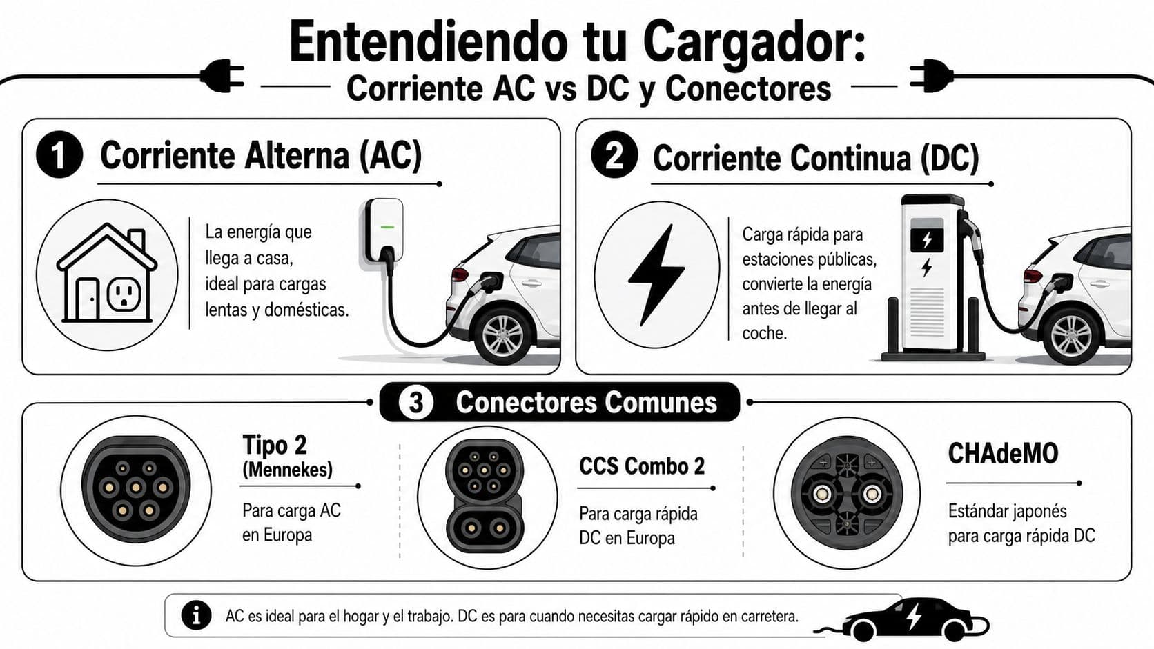 Infografía explicativa sobre los tipos de cargadores eléctricos, corriente alterna y continua, y conectores para coches eléctricos.