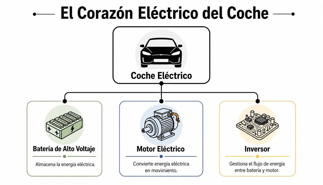 Diagrama explicativo sobre los componentes fundamentales de un coche eléctrico: batería, motor e inversor.