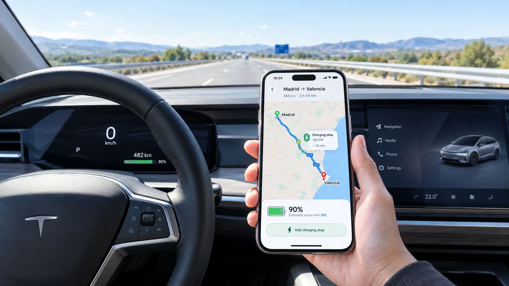 Una mano sosteniendo un teléfono inteligente mostrando la ruta de navegación y la carga de un vehículo eléctrico.