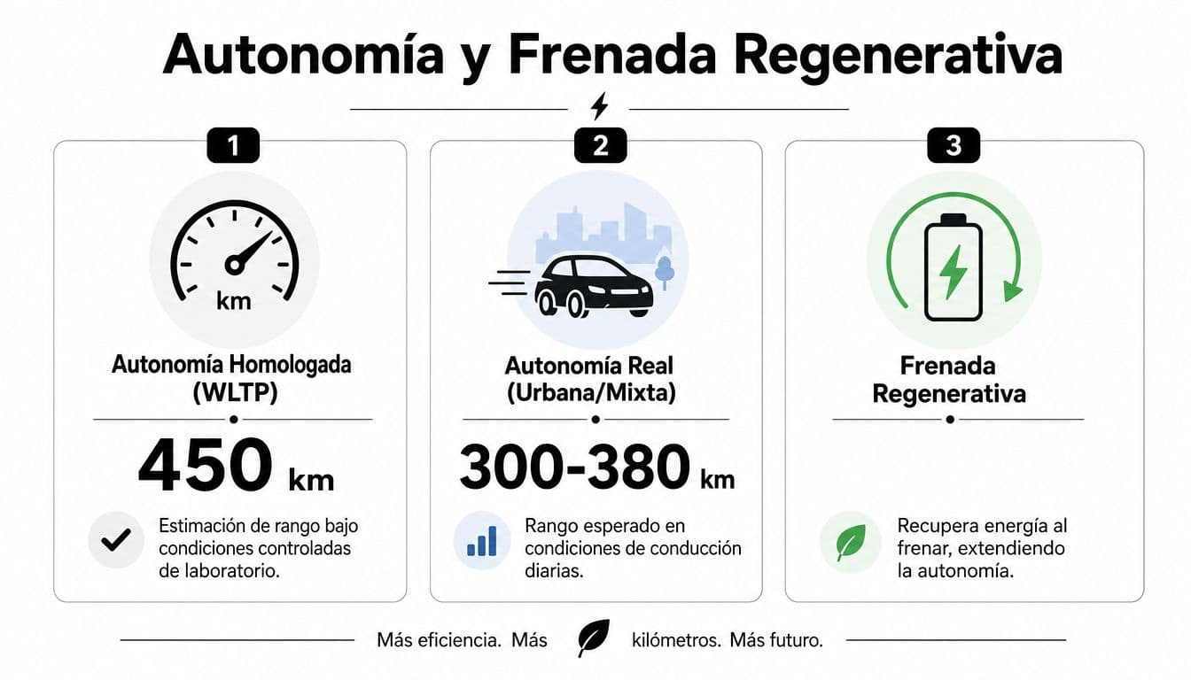 Infografía sobre autonomía y frenada regenerativa en coches eléctricos, comparando mediciones homologadas frente a condiciones reales de conducción.