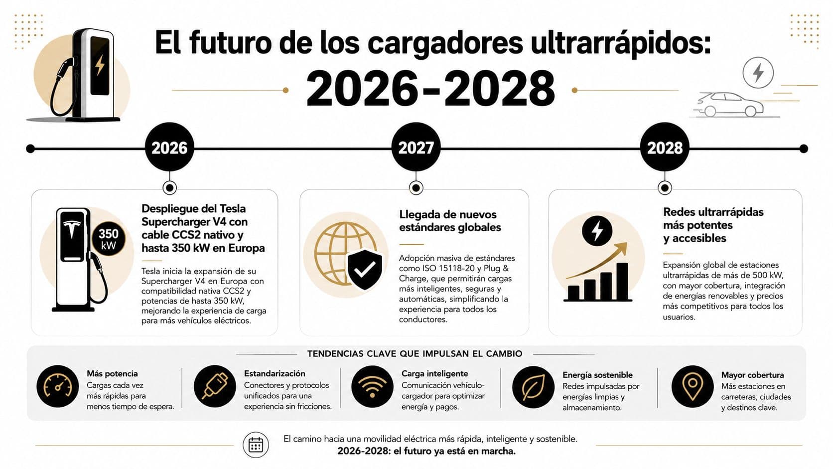 Línea de tiempo informativa sobre el futuro de los cargadores ultrarrápidos para vehículos eléctricos entre 2026 y 2028.