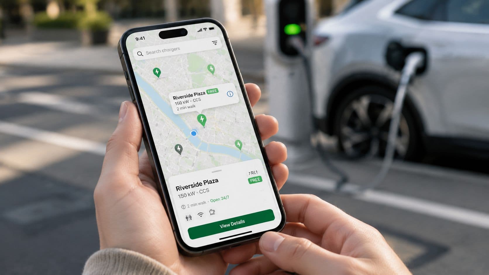 Una persona sosteniendo un teléfono inteligente con una aplicación de mapas buscando estaciones de carga gratuitas para vehículos eléctricos.