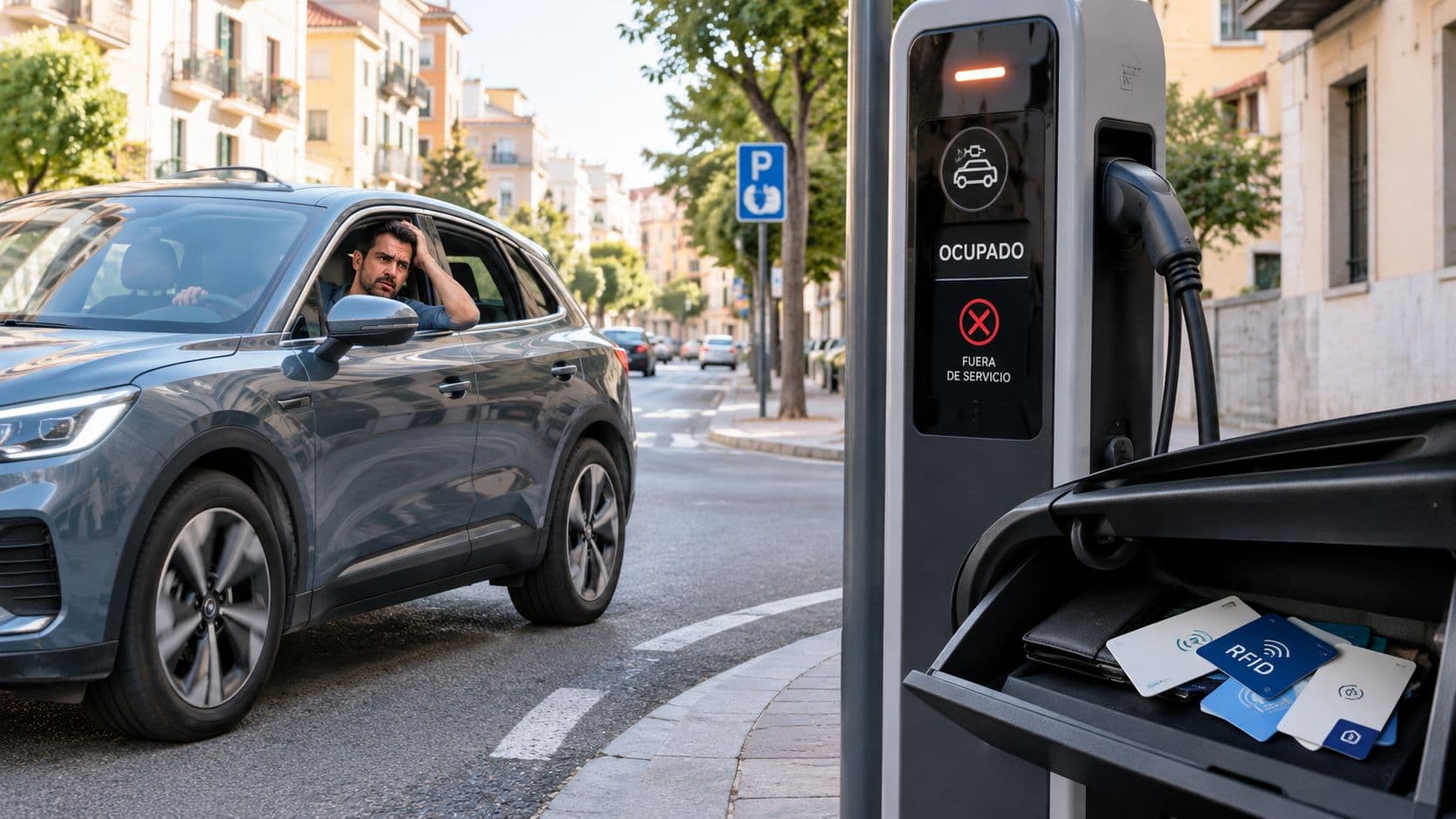 Un conductor frustrado frente a una estación de carga de vehículos eléctricos fuera de servicio en la calle.