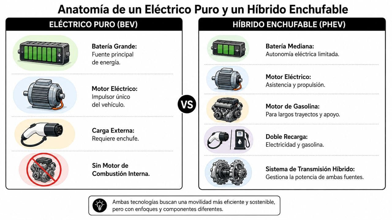 Comparativa visual entre los componentes de un coche eléctrico puro y un vehículo híbrido enchufable.