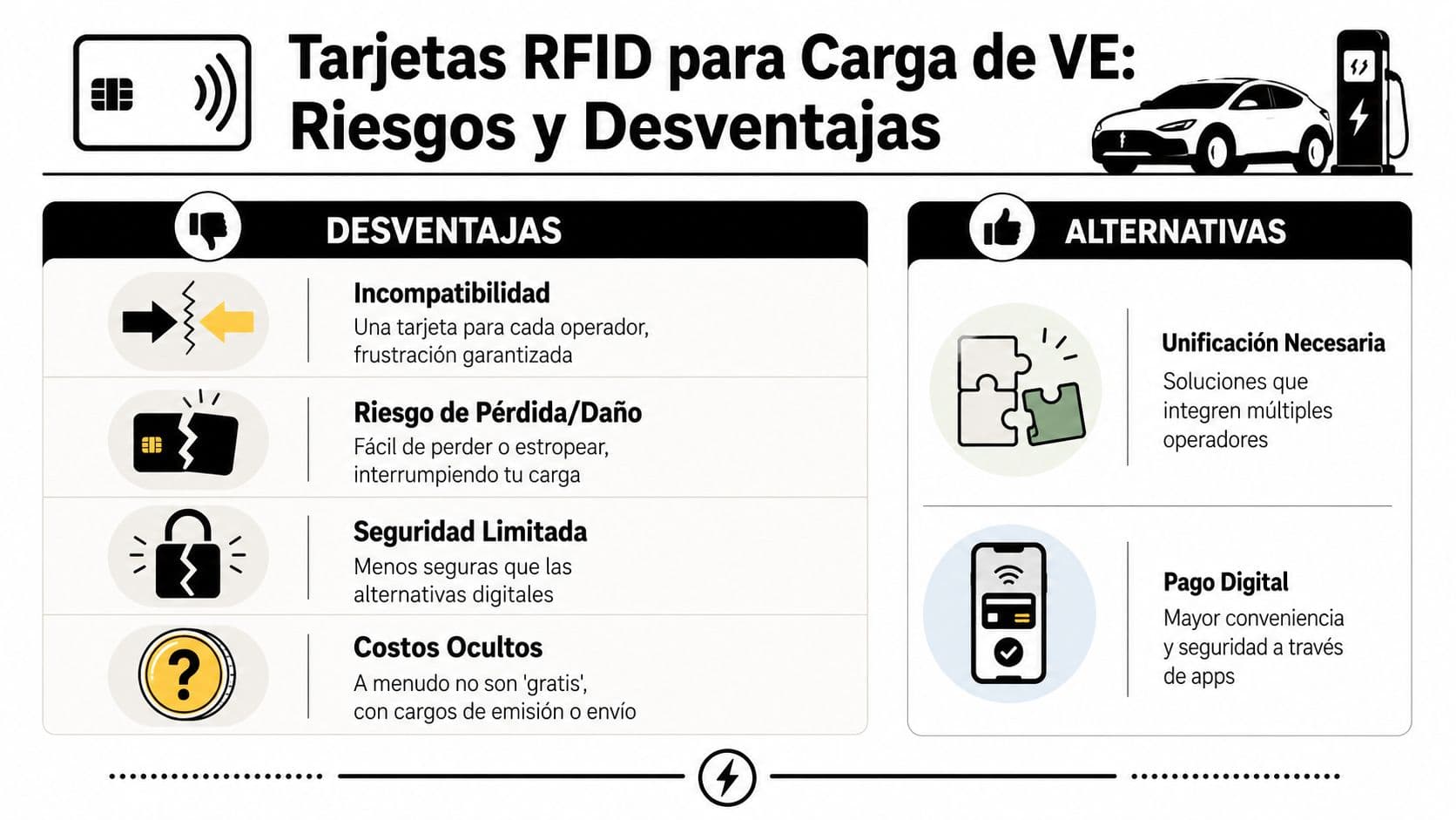 Infografía sobre los riesgos, desventajas y alternativas digitales de las tarjetas RFID para carga de vehículos eléctricos.
