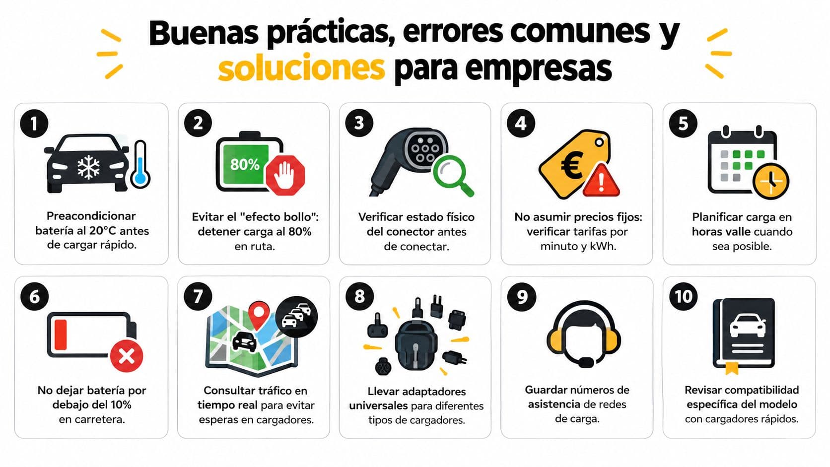 Infografía con diez consejos clave sobre buenas prácticas y mantenimiento para la carga de vehículos eléctricos.