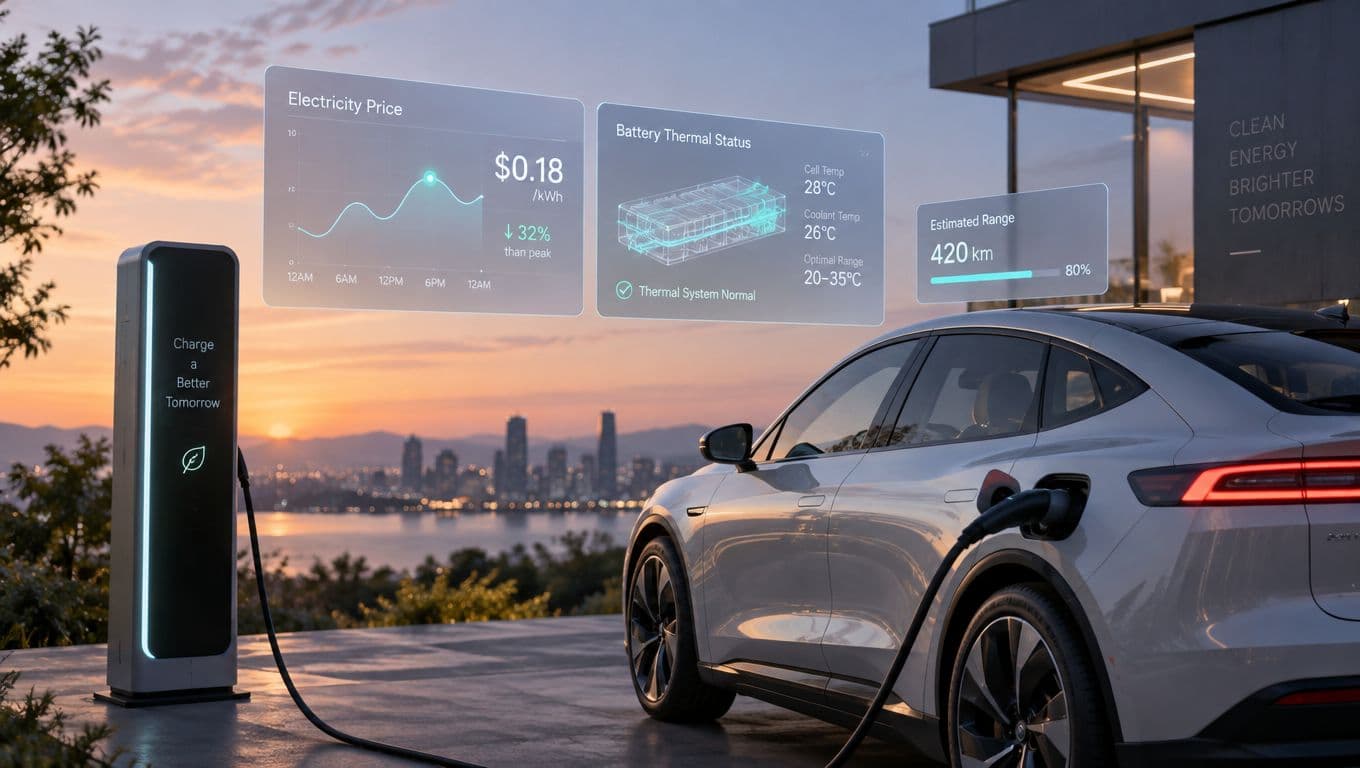 Un vehículo eléctrico cargándose en un punto de carga con una interfaz digital mostrando datos en tiempo real.
