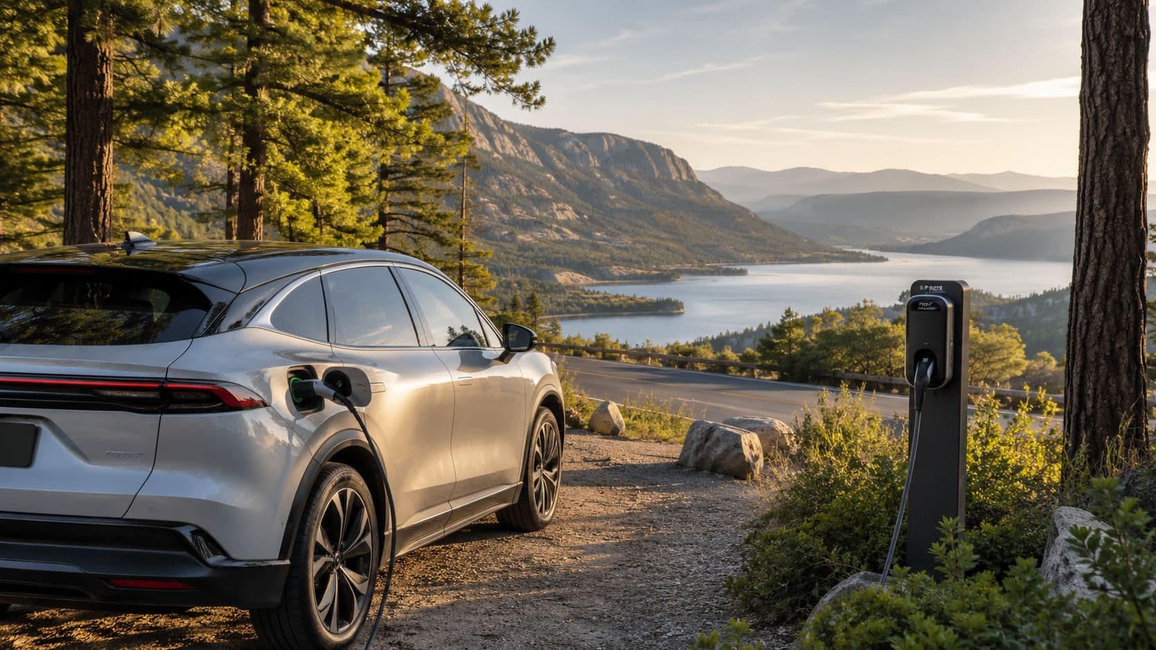 Un coche eléctrico cargándose junto a un hermoso paisaje montañoso con un lago al atardecer.