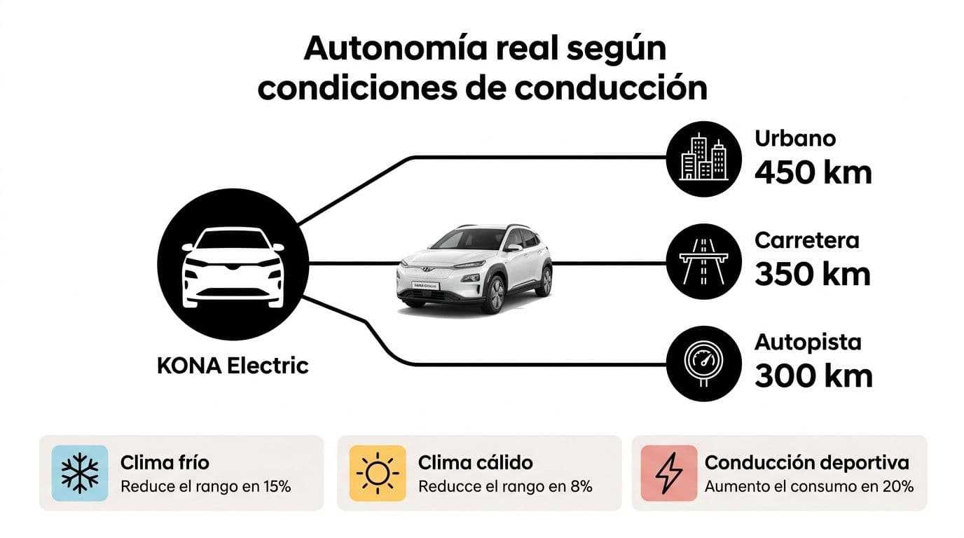 Infografía sobre la autonomía real del coche eléctrico Hyundai Kona Electric bajo diferentes condiciones de conducción.