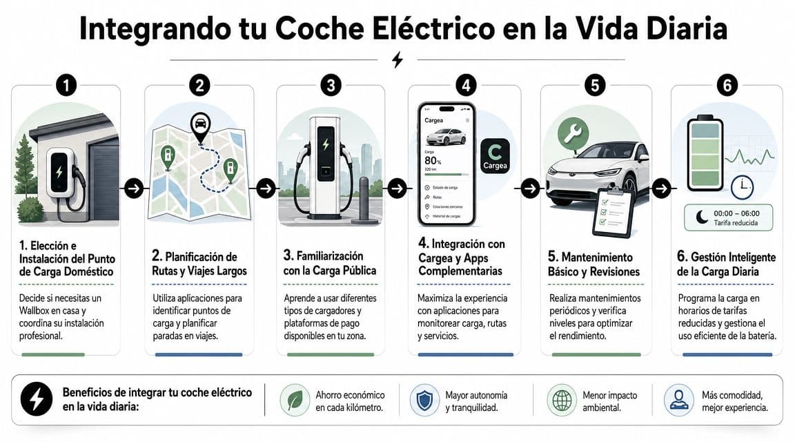 Infografía sobre cómo integrar tu coche eléctrico en la vida diaria mediante seis pasos fundamentales de carga.