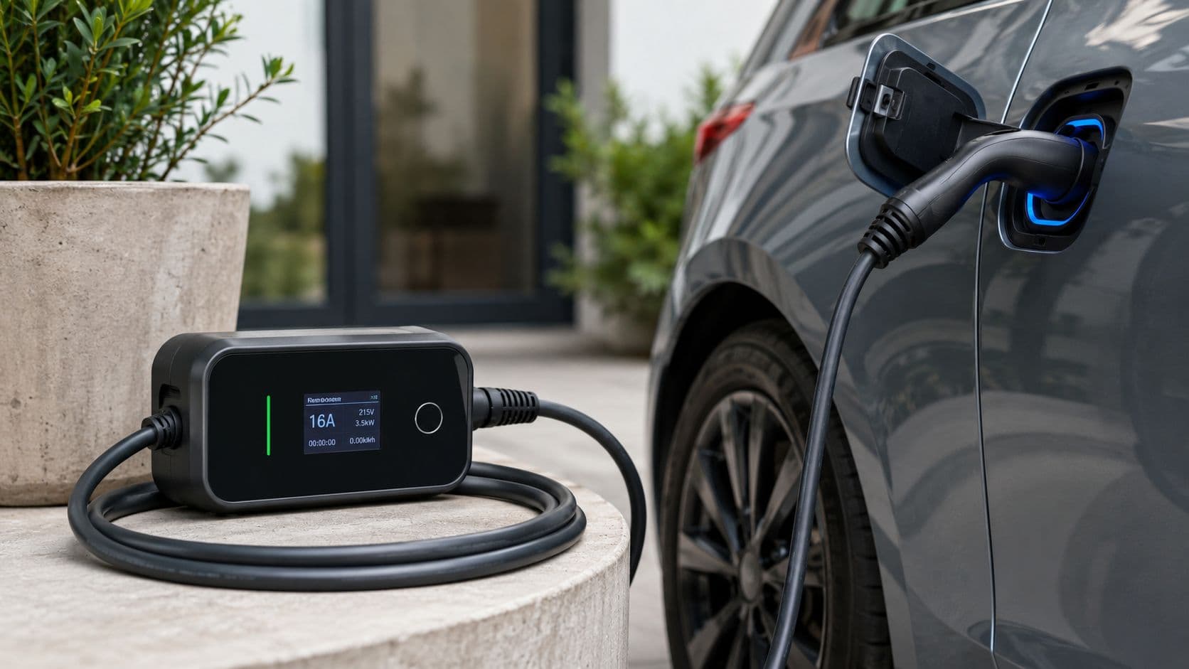 Un cargador portátil para coche eléctrico conectado a un vehículo gris en un entorno residencial moderno.